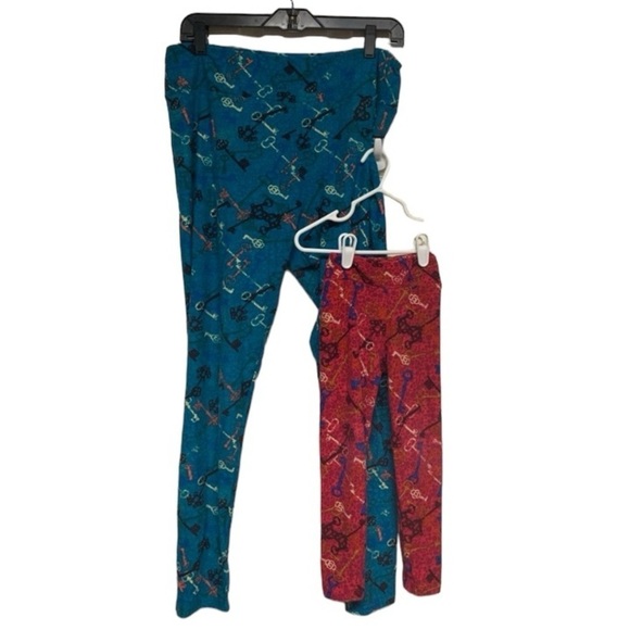 LuLaRoe matching leggings set keys red blue coordinating pair stretchy comfy EUC - Picture 1 of 13